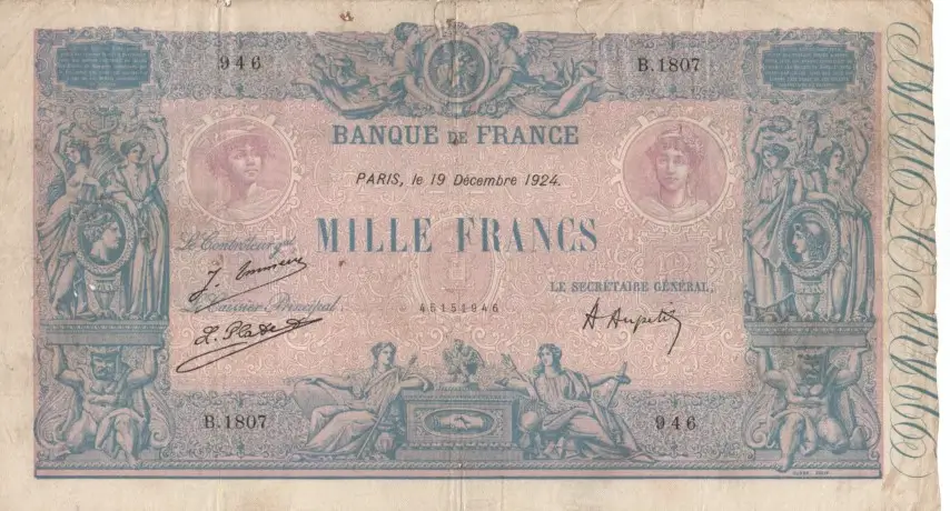 Billet de 1000 francs bleu et rose recto