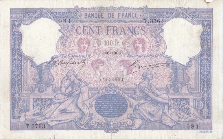 Billet de 100 francs bleu et rose recto