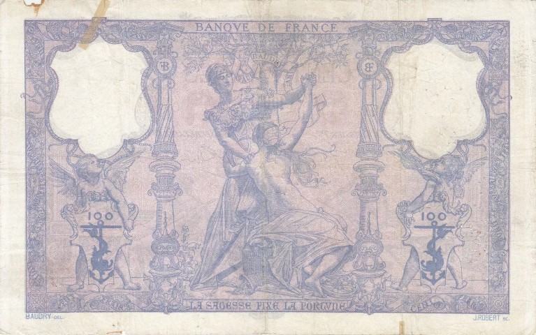 Billet de 100 francs bleu et rose verso