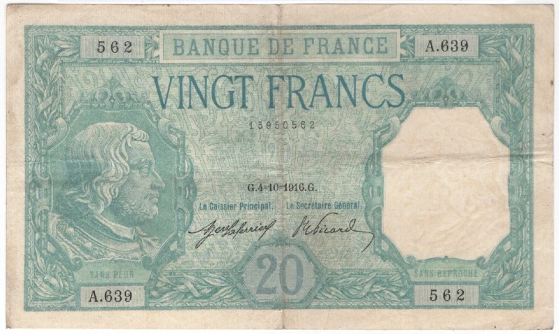 Billet de 20 francs bayard recto