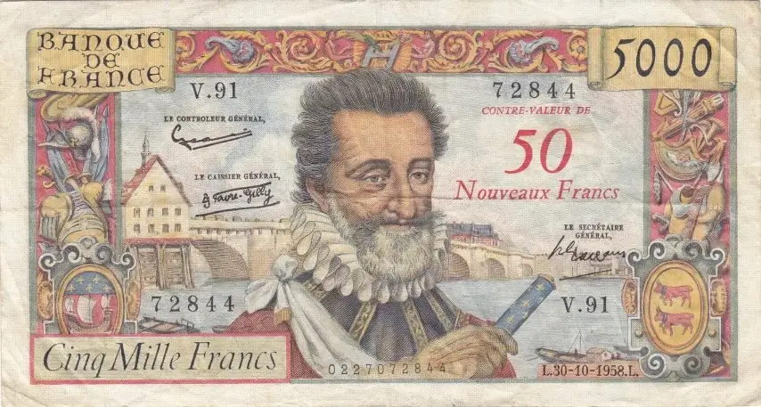 Billet de 5000 francs Henri IV surchargé recto