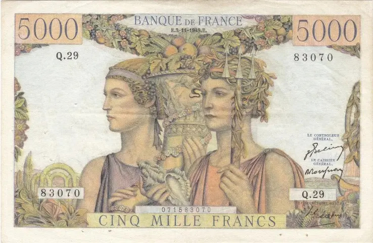 Billet de 5000 francs terre et mer recto