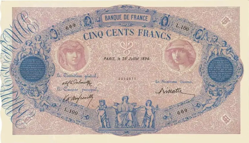 Billet de 500 francs bleu et rose recto