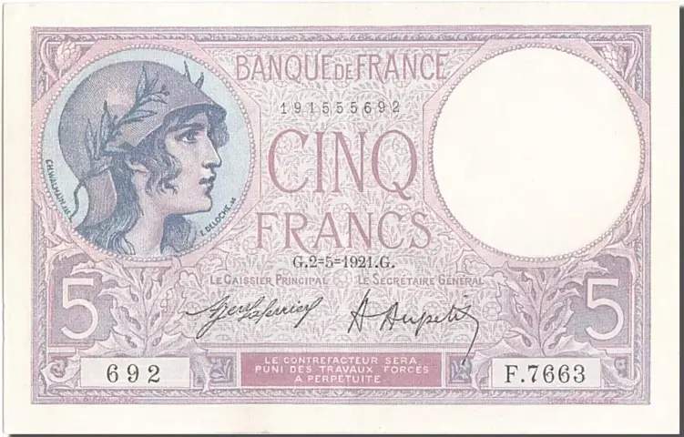 Billet de 5 francs violet recto